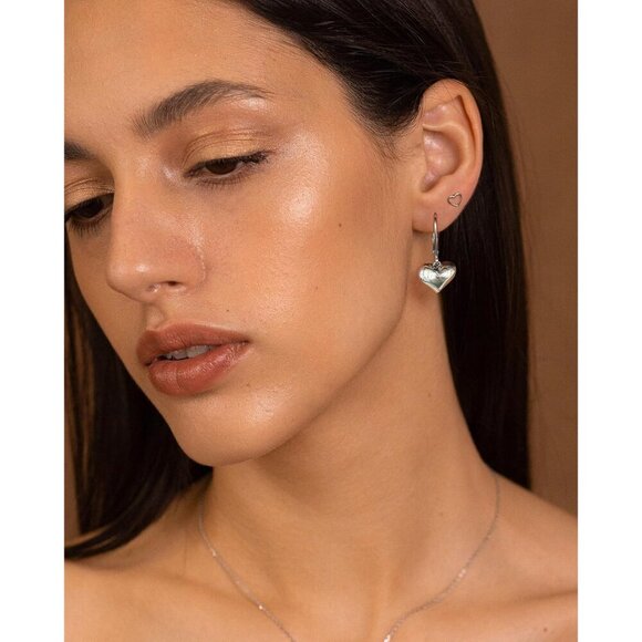 Silver Puffed Heart Leverback Dangle Drop Hypoallergenic Earring for Women - Picture 4 of 7